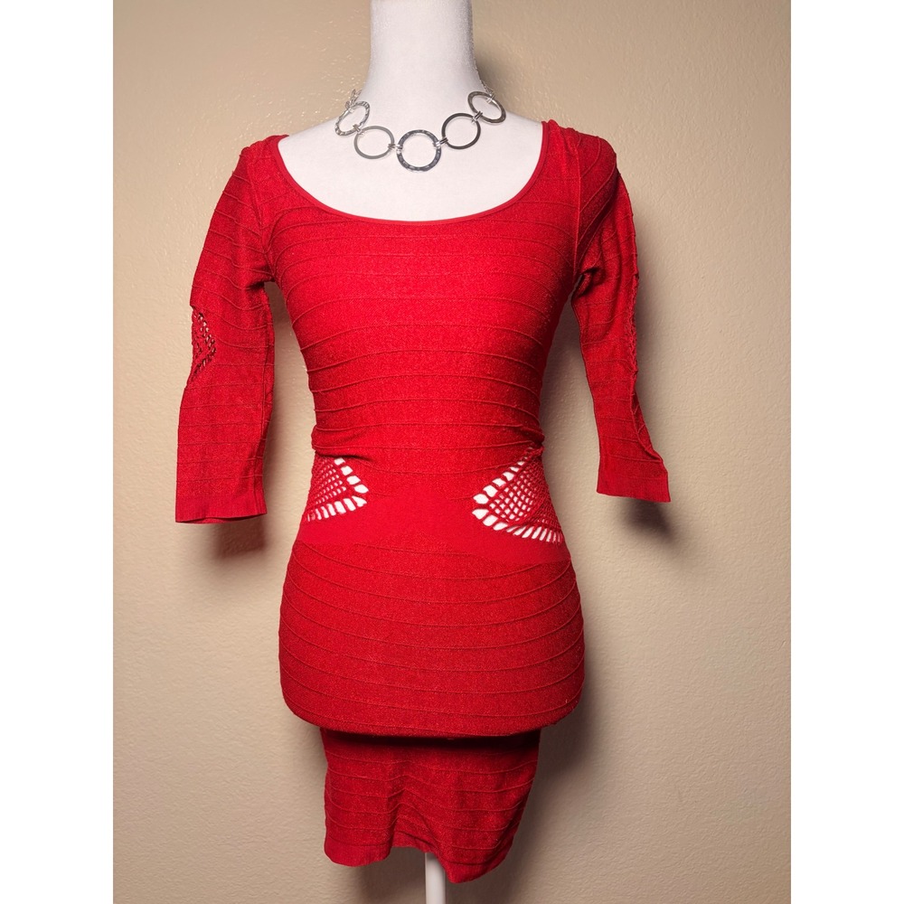 Y2K Verona Red Bandage Bodycon Mini Dress Crochet Cut Out 3/4 Sleeve #9